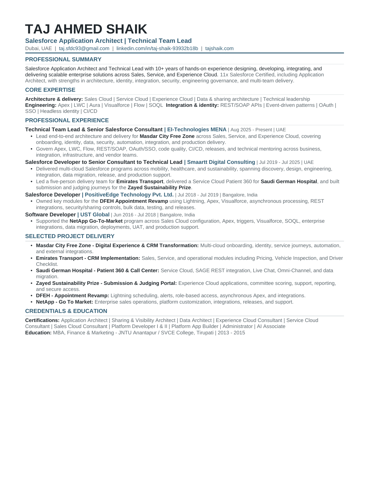 First-page preview of Taj Shaik’s professional resume