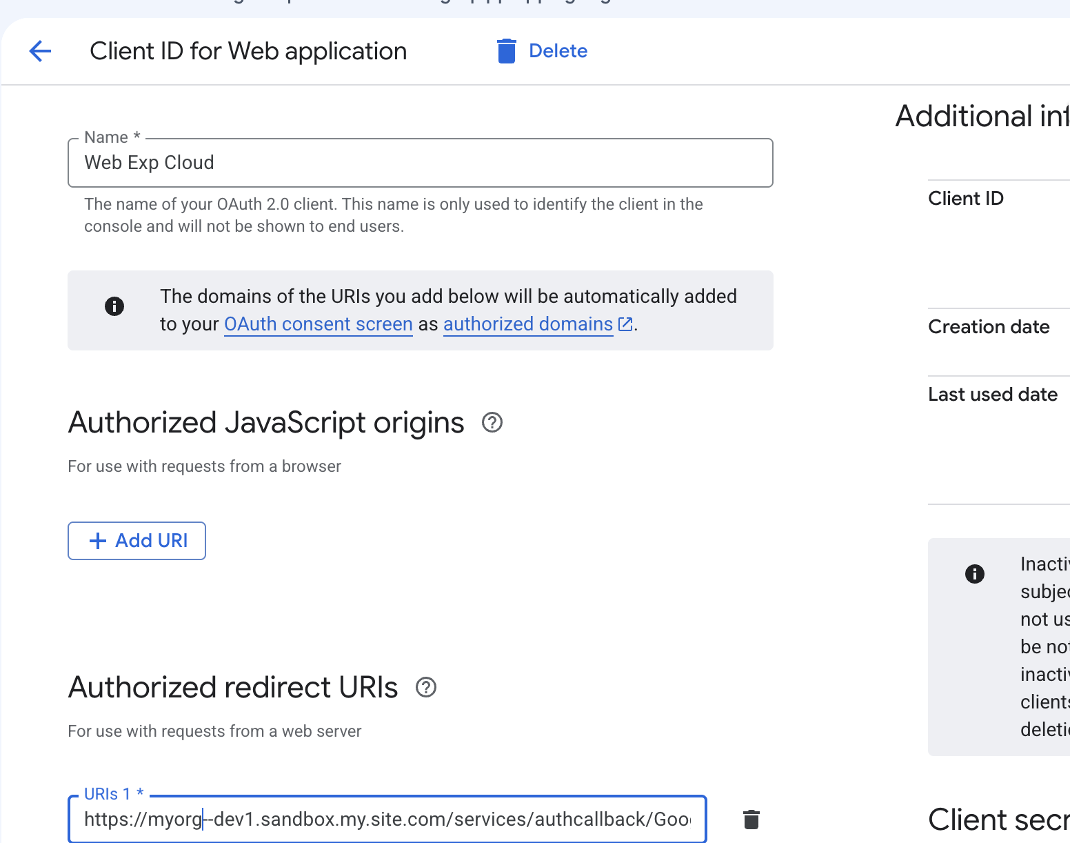 Google OAuth web client redirect URI configuration