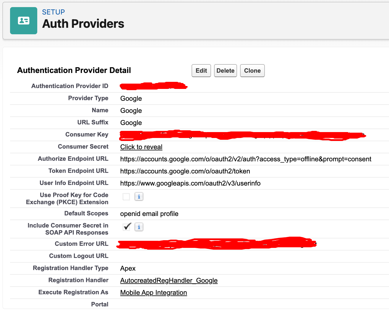 Salesforce Google Auth Provider configuration